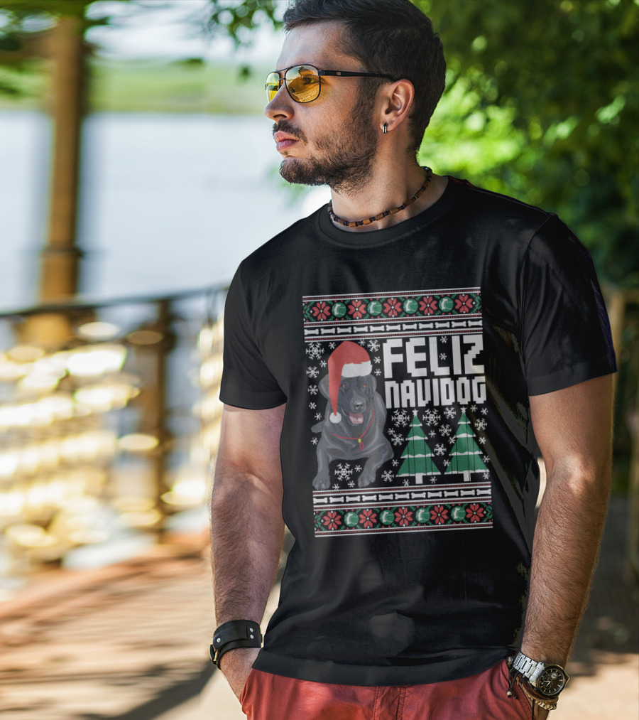 Feliz Navidog Labrador With Santa Hat And Christmas Trees Snowflakes T-Shirt