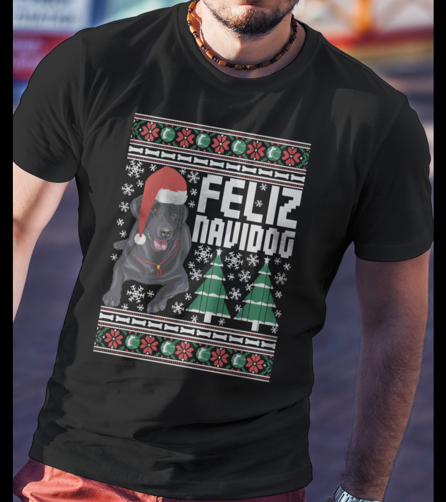 Feliz Navidog Labrador With Santa Hat And Christmas Trees Snowflakes T-Shirt