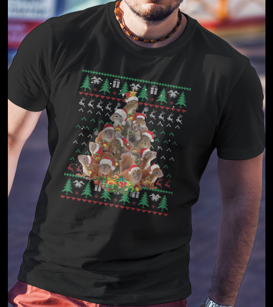 Christmas Tree Squirrel Santa Hats And Presents T-Shirt