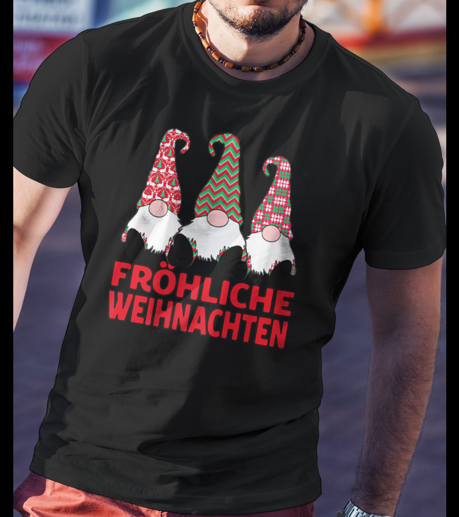 Fröhliche Weihnachten German Nordic Gnomes Pattern Trio T-Shirt