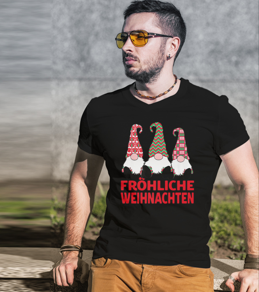 Fröhliche Weihnachten German Nordic Gnomes Pattern Trio T-Shirt