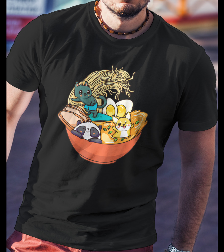 Kawaii Cat Panda Dog Anime Noodle Bowl With Egg And Ramen T-Shirt