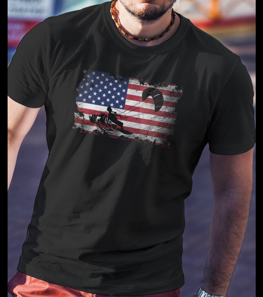Kiteboarding With American Flag Proud USA Patriot T-Shirt