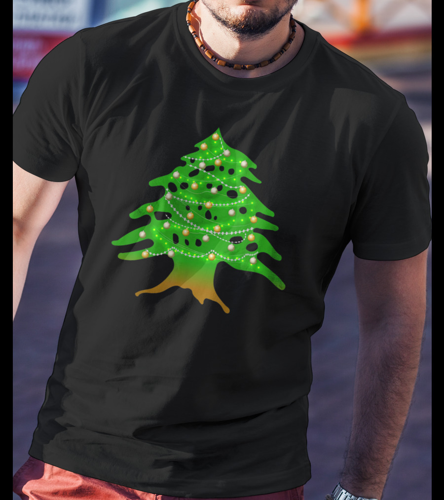 Lebanese Cedar Christmas Tree Lights Holiday Lebanon Flag Colors T-Shirt