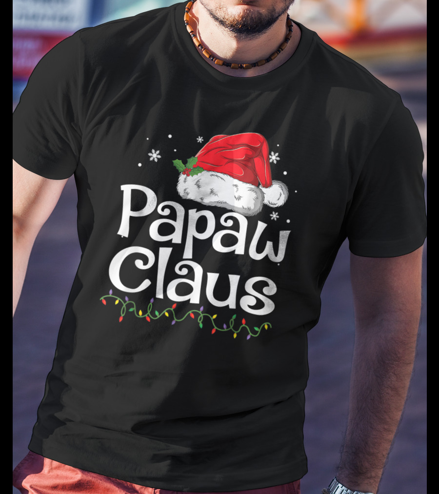 Papaw Claus Christmas Santa Hat With Snowflakes And Holiday Lights T-Shirt