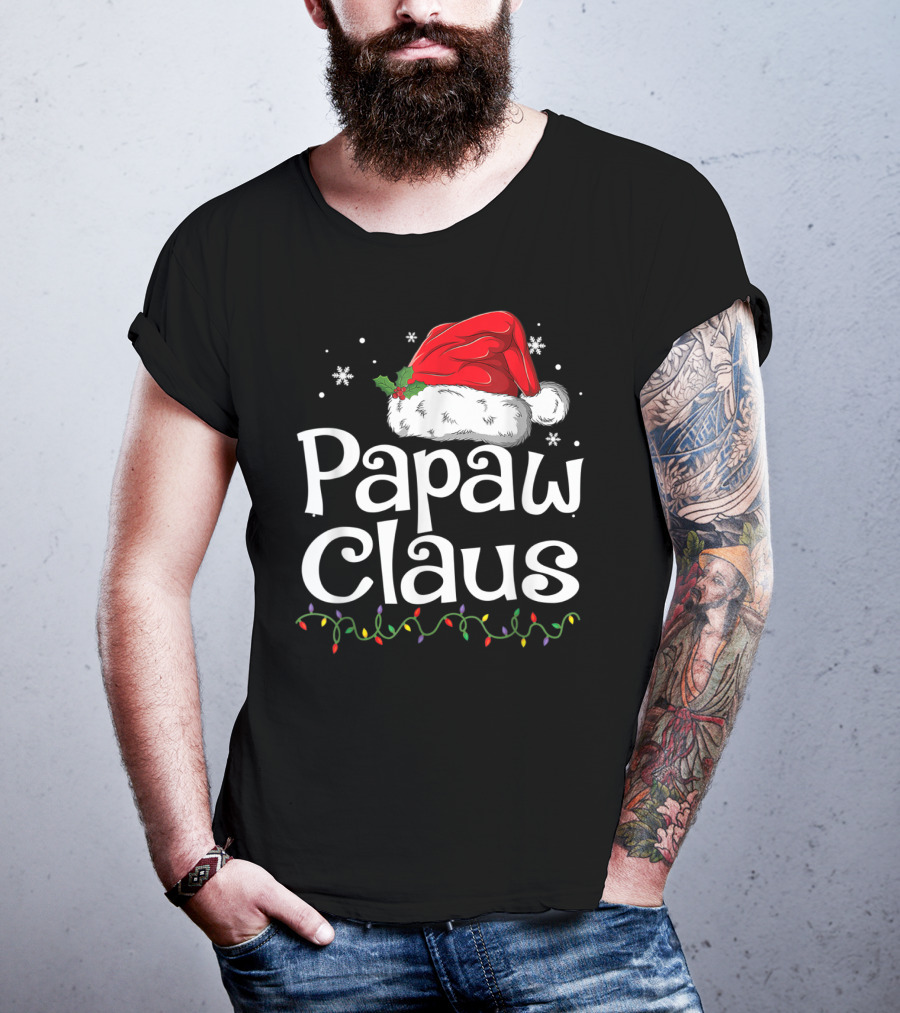 Papaw Claus Christmas Santa Hat With Snowflakes And Holiday Lights T-Shirt