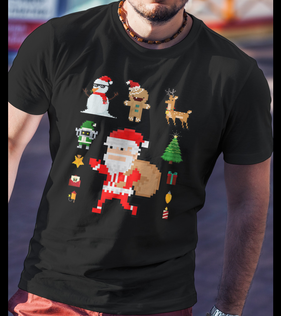Pixel 8Bit Santa Claus Snowman Gingerbread Reindeer Christmas Tree Gifts Gaming T-Shirt