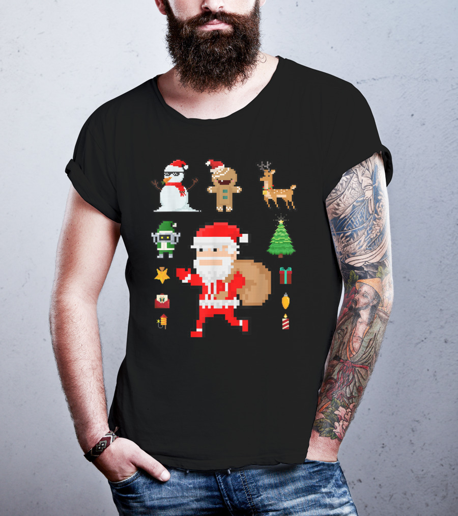 Pixel 8Bit Santa Claus Snowman Gingerbread Reindeer Christmas Tree Gifts Gaming T-Shirt