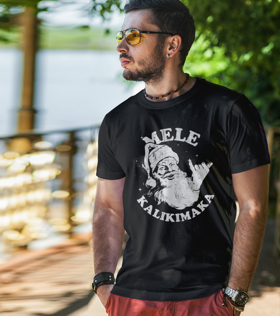 Retro Mele Kalikimaka Santa Shaka Hawaii Christmas T-Shirt