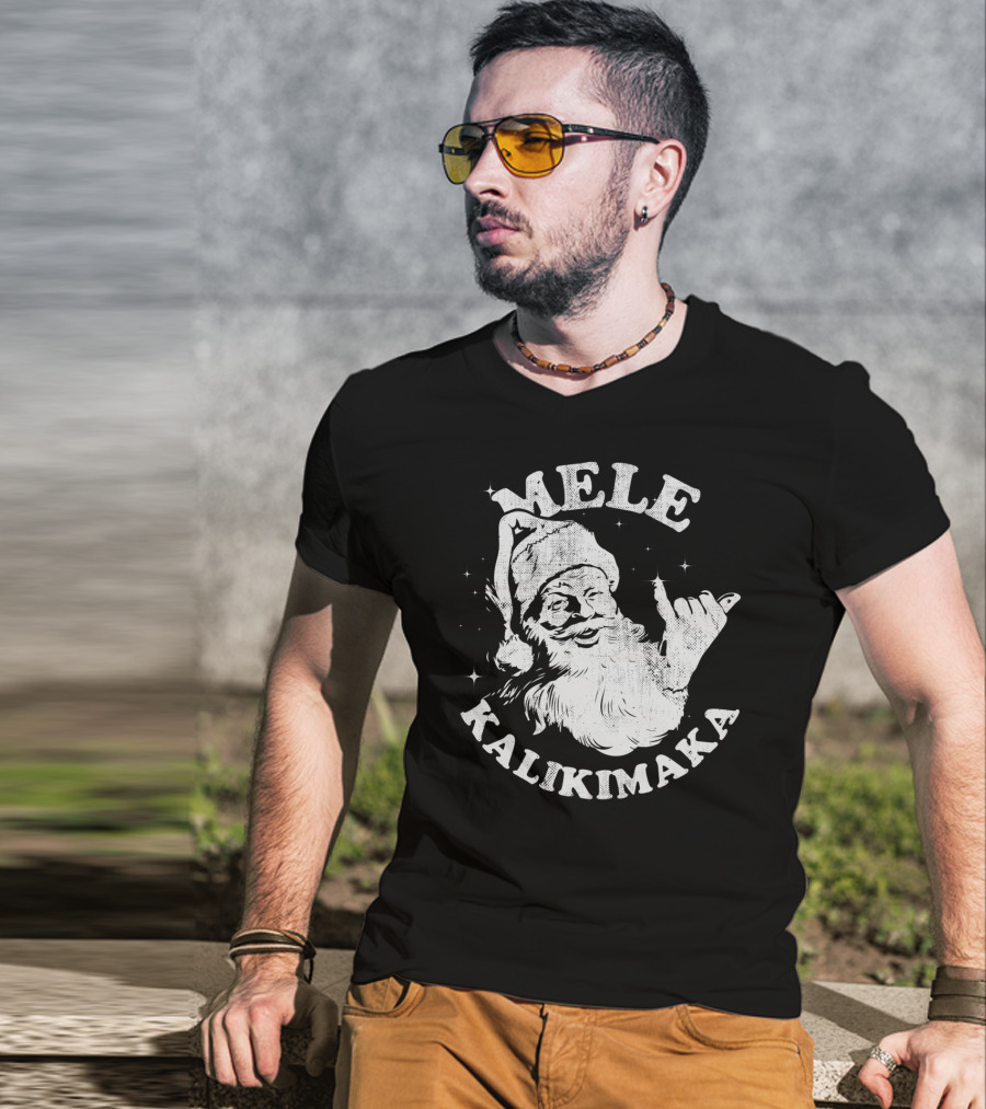 Retro Mele Kalikimaka Santa Shaka Hawaii Christmas T-Shirt