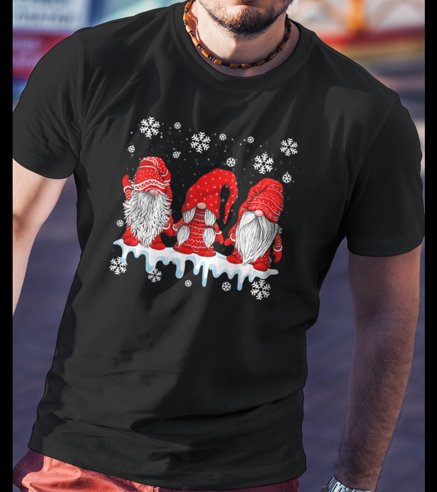 Three Festive Red Gnomes With Snowflakes T-Shirt