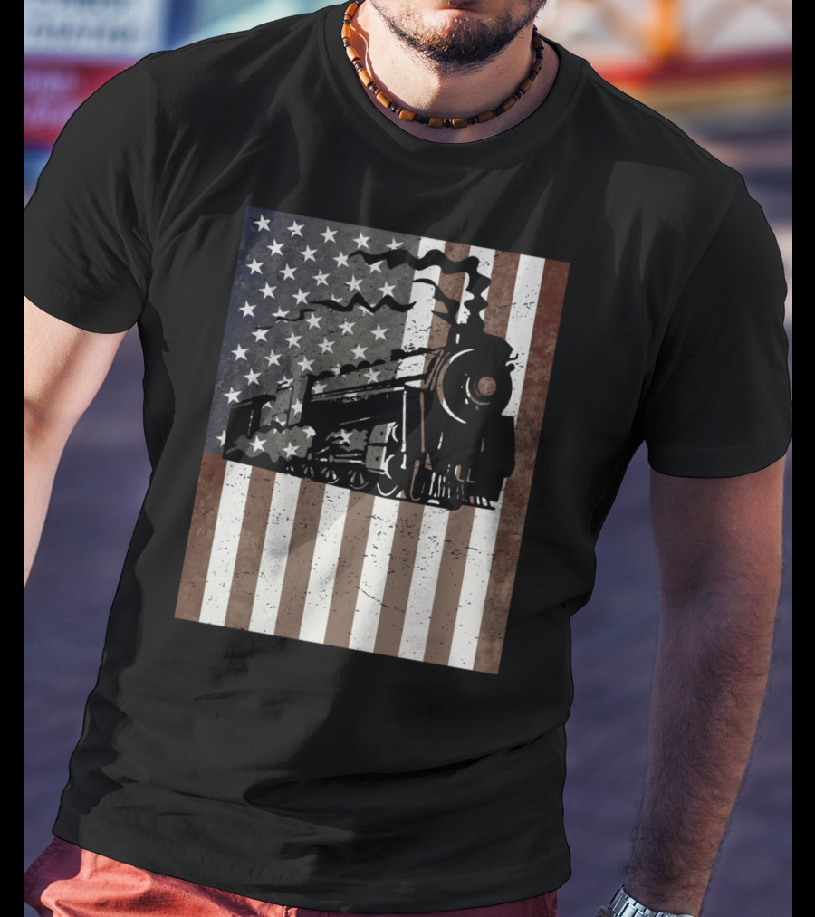 American Flag Steam Train Vintage Model Builder T-Shirt