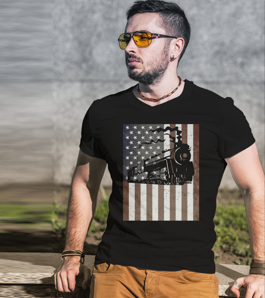American Flag Steam Train Vintage Model Builder T-Shirt