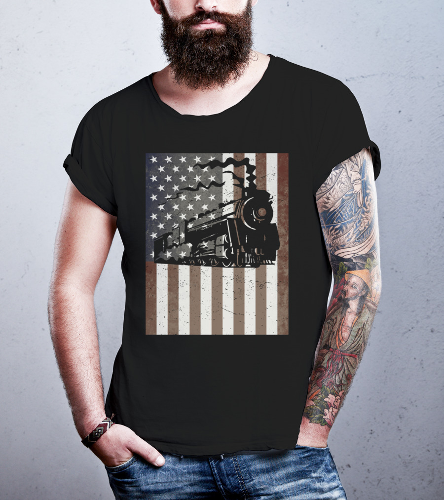 American Flag Steam Train Vintage Model Builder T-Shirt