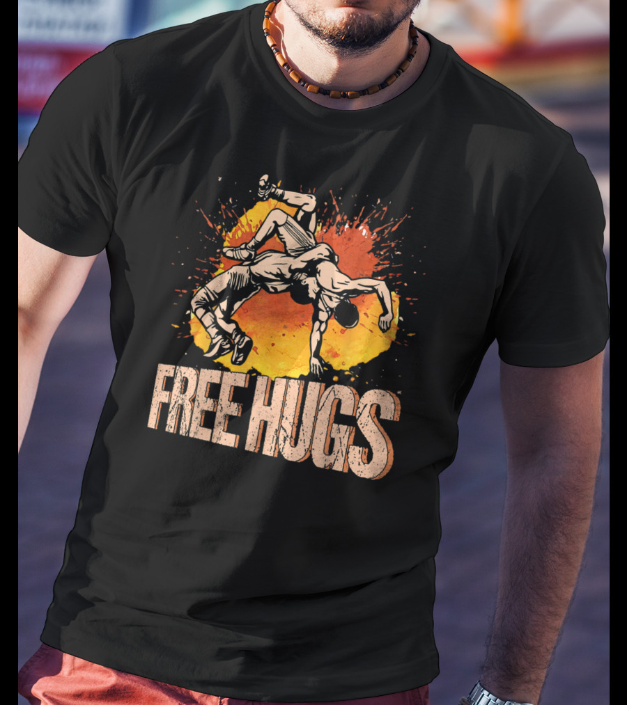 Free Hugs Wrestling Art With Splash Background T-Shirt