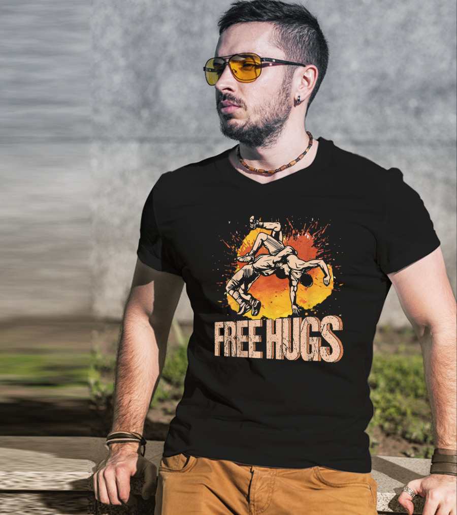 Free Hugs Wrestling Art With Splash Background T-Shirt