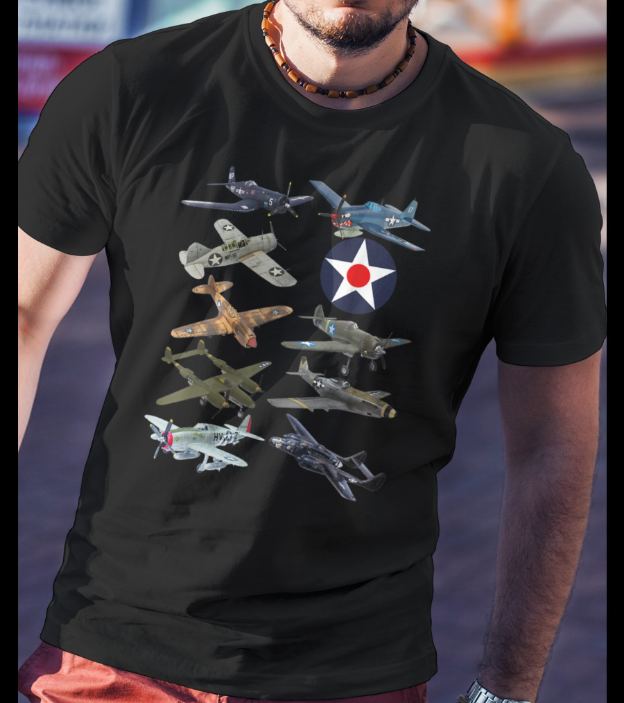 WW2 American F4U Corsair P51 Mustang P40 Warhawk Fighter Aircraft Collection T-Shirt