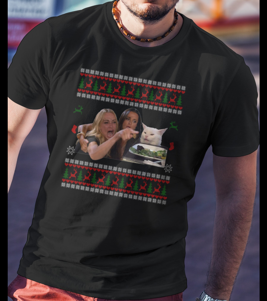Yelling At A Cat Ugly Christmas Meme Sweater Pattern With Reindeer And Trees T-Shirt