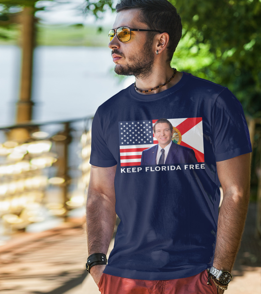 Keep Florida Free American Flag Portrait Navy Fine Jersey T-Shirt