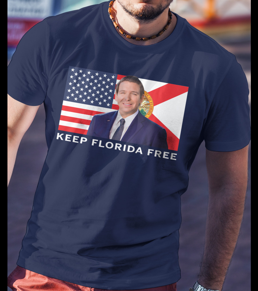 Keep Florida Free American Flag Portrait Navy Fine Jersey T-Shirt