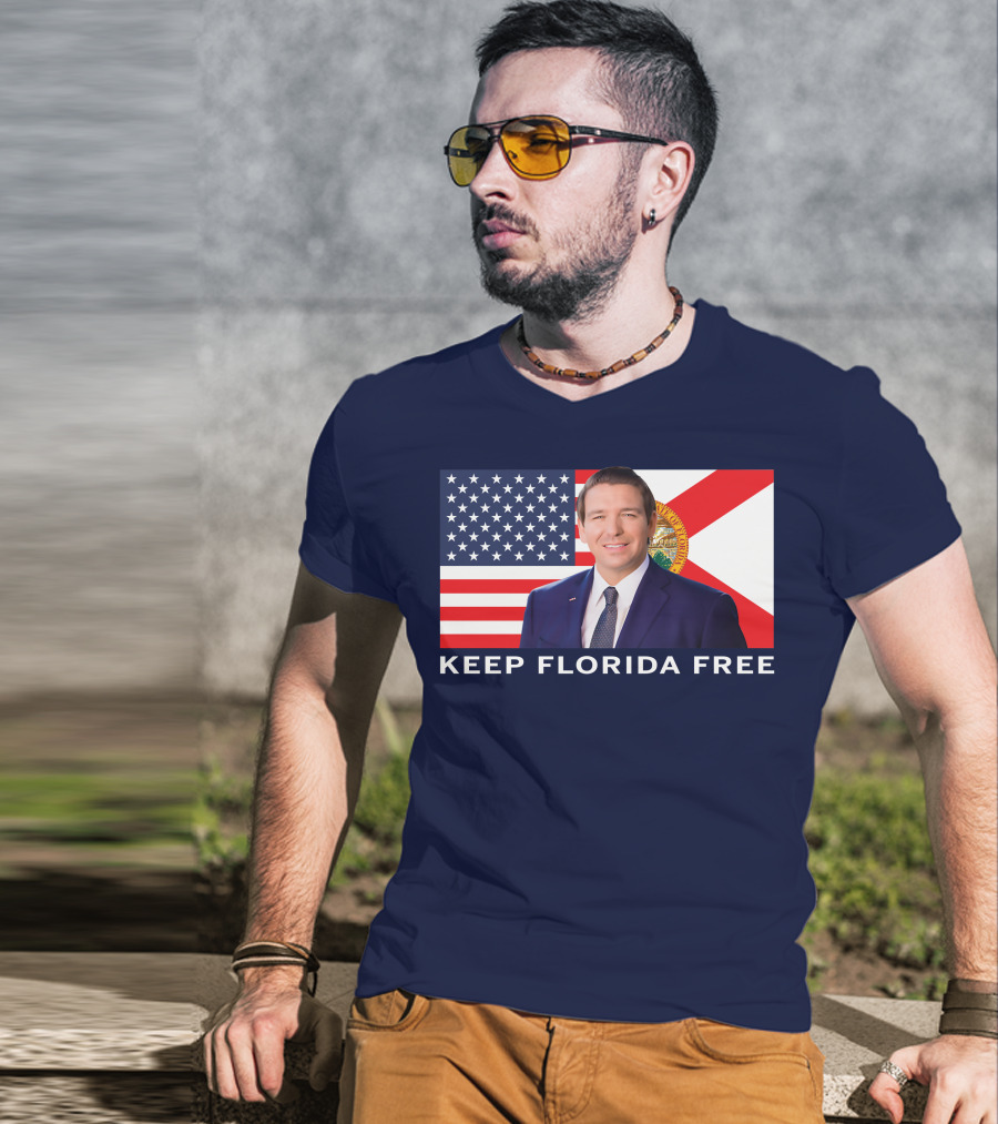 Keep Florida Free American Flag Portrait Navy Fine Jersey T-Shirt