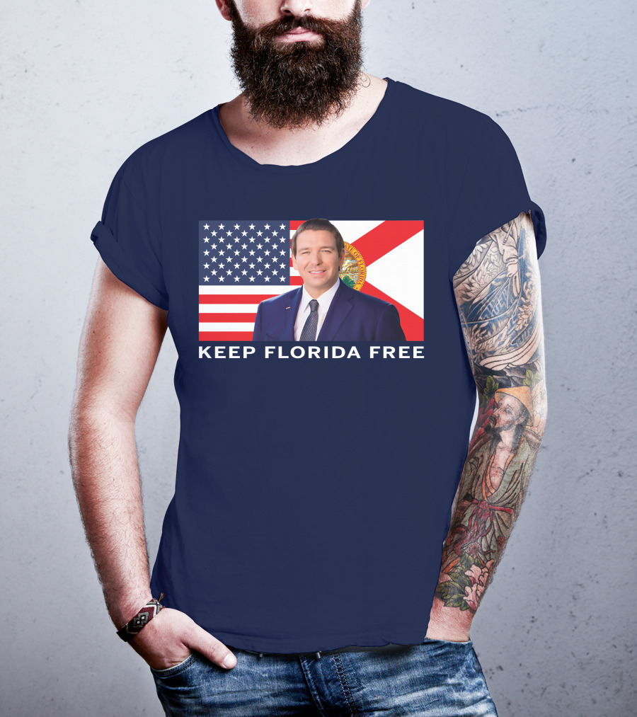 Keep Florida Free American Flag Portrait Navy Fine Jersey T-Shirt