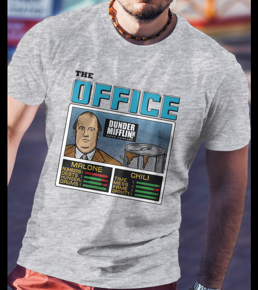 The Office Dunder Mifflin Kevin Malone Chili Numbers Debts Hunger Drums Time Mess Fame Gravity T-Shirt