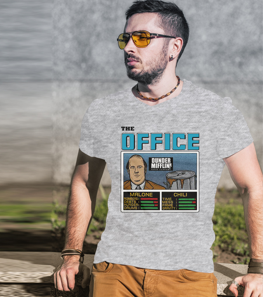 The Office Dunder Mifflin Kevin Malone Chili Numbers Debts Hunger Drums Time Mess Fame Gravity T-Shirt