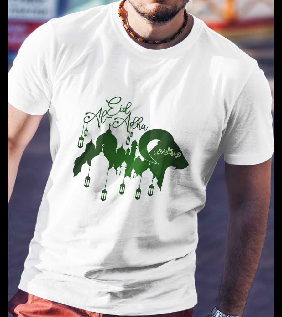 Eid Al-Adha Arabic Script Lanterns And Mosque T-Shirt