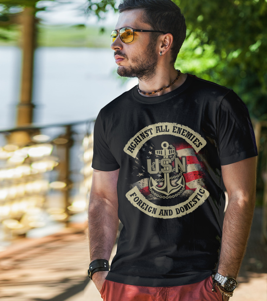 Usn Against All Enemies Foreign And Domestic Anchor American Flag T-Shirt
