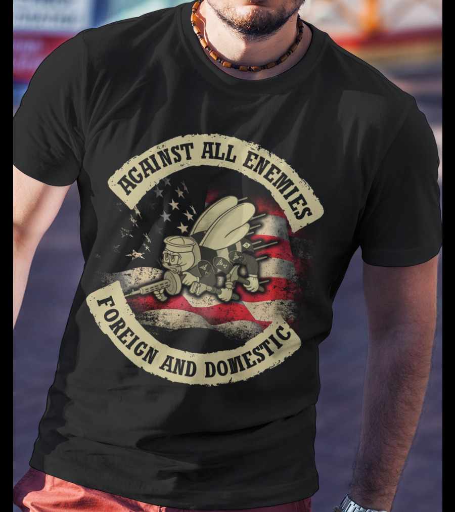 Against All Enemies Foreign And Domestic Vintage Army Bee Usa Flag T-Shirt