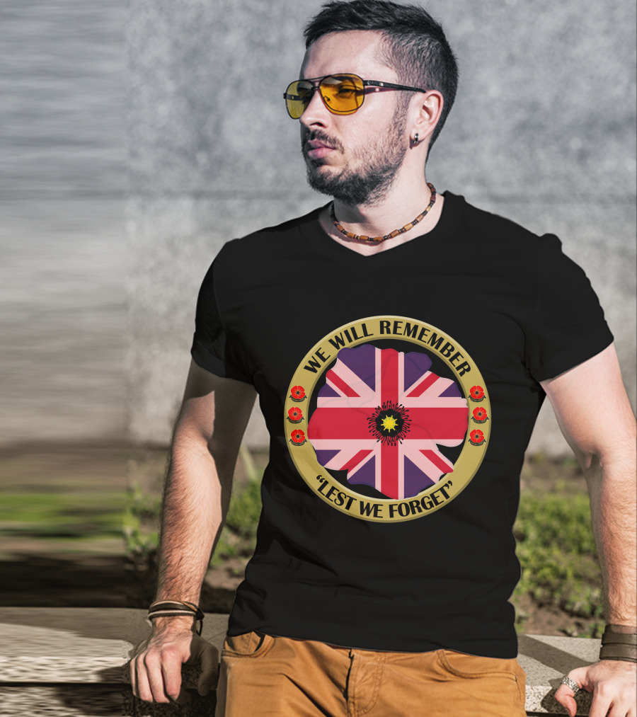 We Will Remember Lest We Forget Union Jack Poppy Remembrance T-Shirt