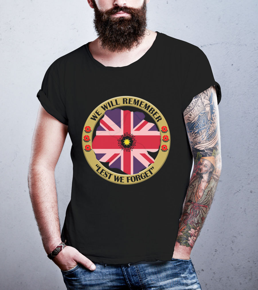 We Will Remember Lest We Forget Union Jack Poppy Remembrance T-Shirt
