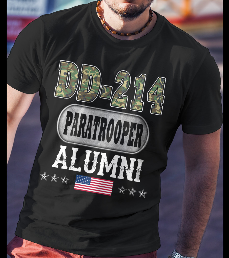 Dd-214 Paratrooper Alumni American Flag Camouflage Stars T-Shirt