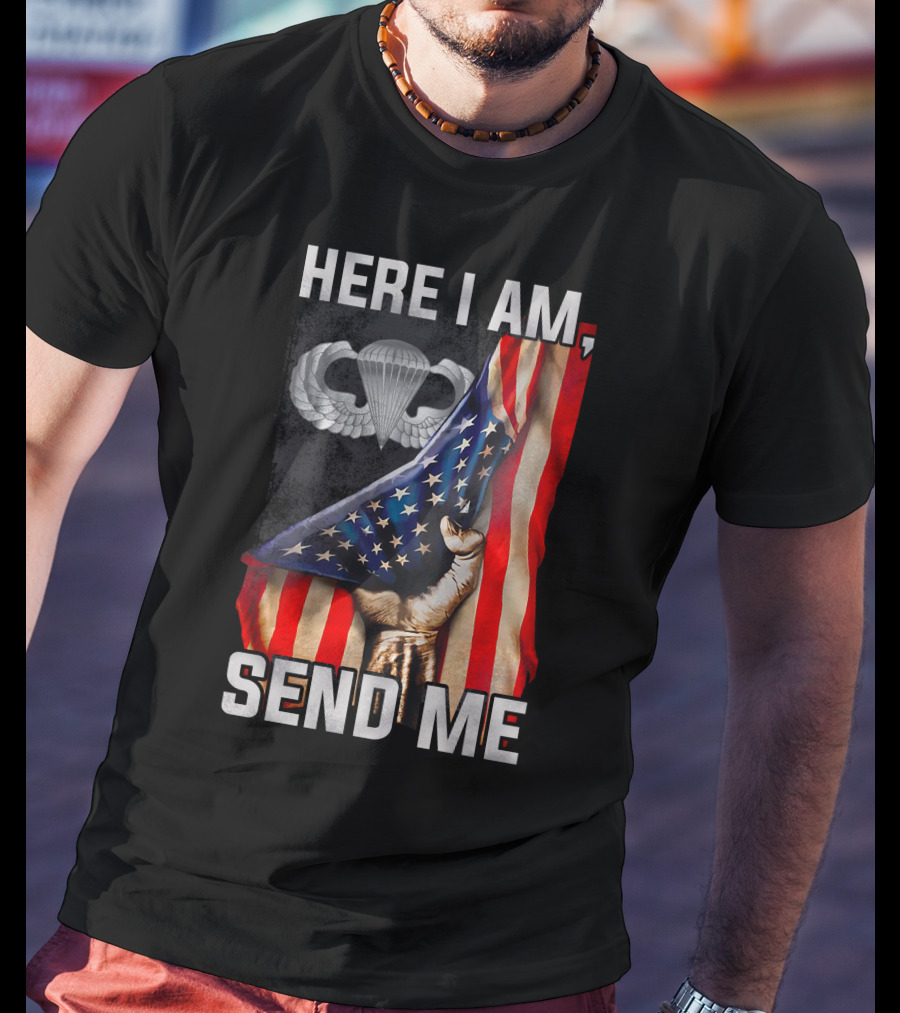 Here I Am Send Me American Flag Paratrooper Wings T-Shirt