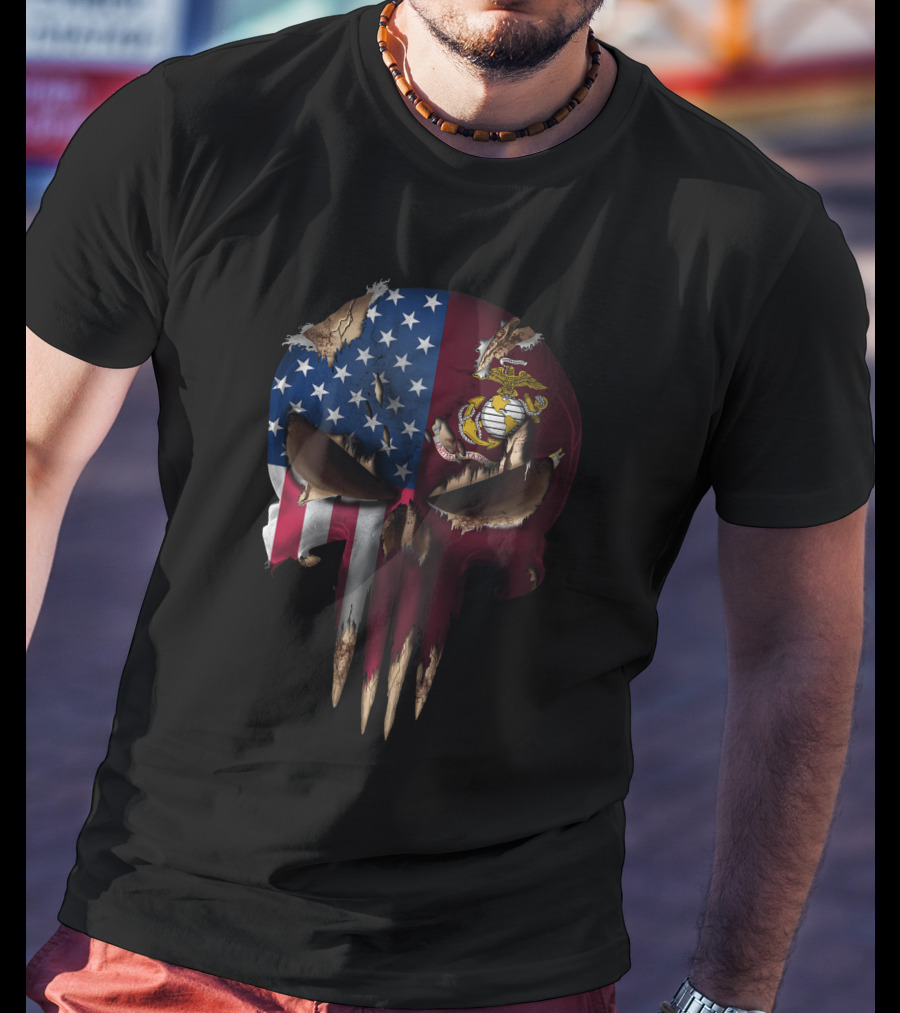 Patriotic Us Flag Skull With Marine Corps T-Shirt
