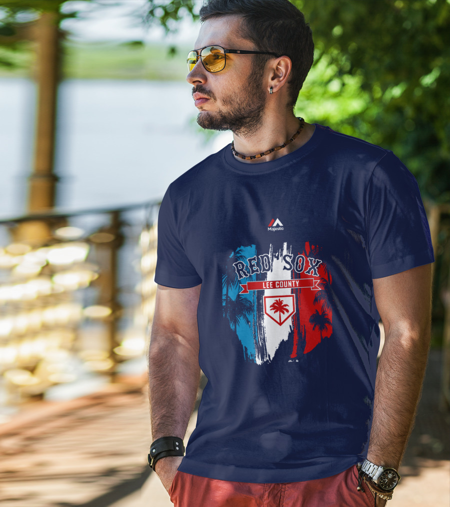 Majestic Red Sox Lee County Mookie Betts Palm Tree Blue Red White T-Shirt