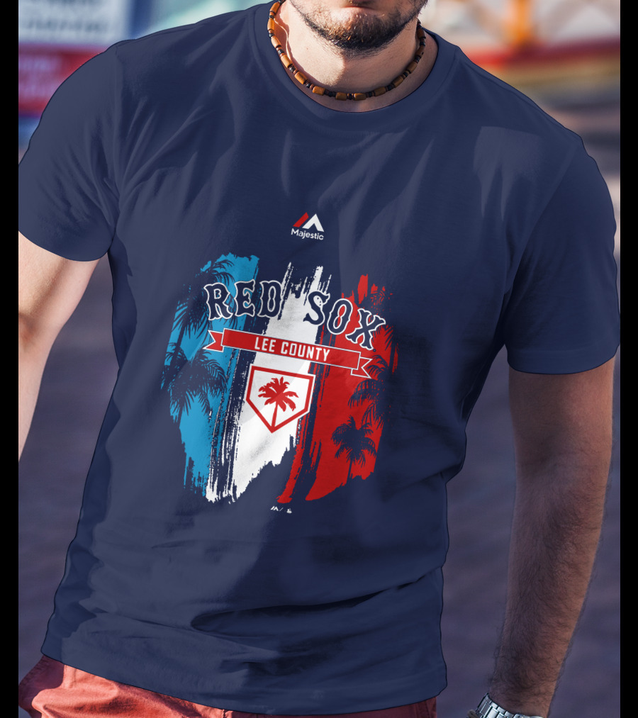 Majestic Red Sox Lee County Mookie Betts Palm Tree Blue Red White T-Shirt