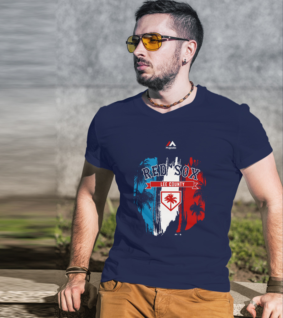 Majestic Red Sox Lee County Mookie Betts Palm Tree Blue Red White T-Shirt