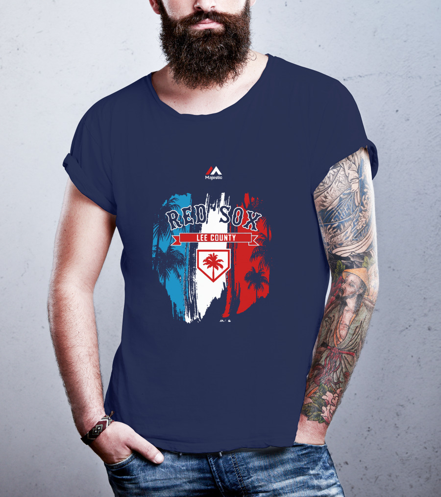 Majestic Red Sox Lee County Mookie Betts Palm Tree Blue Red White T-Shirt