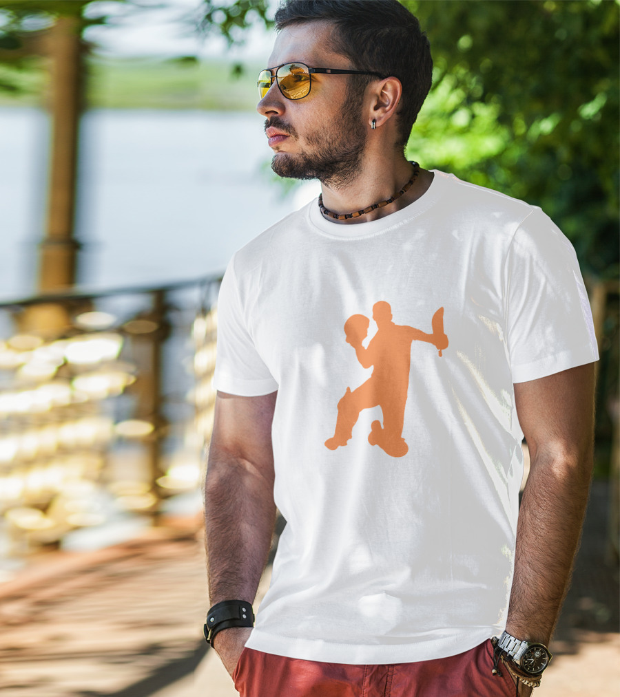 David Warner Orange Silhouette Cricketer Batting Pose T-Shirt