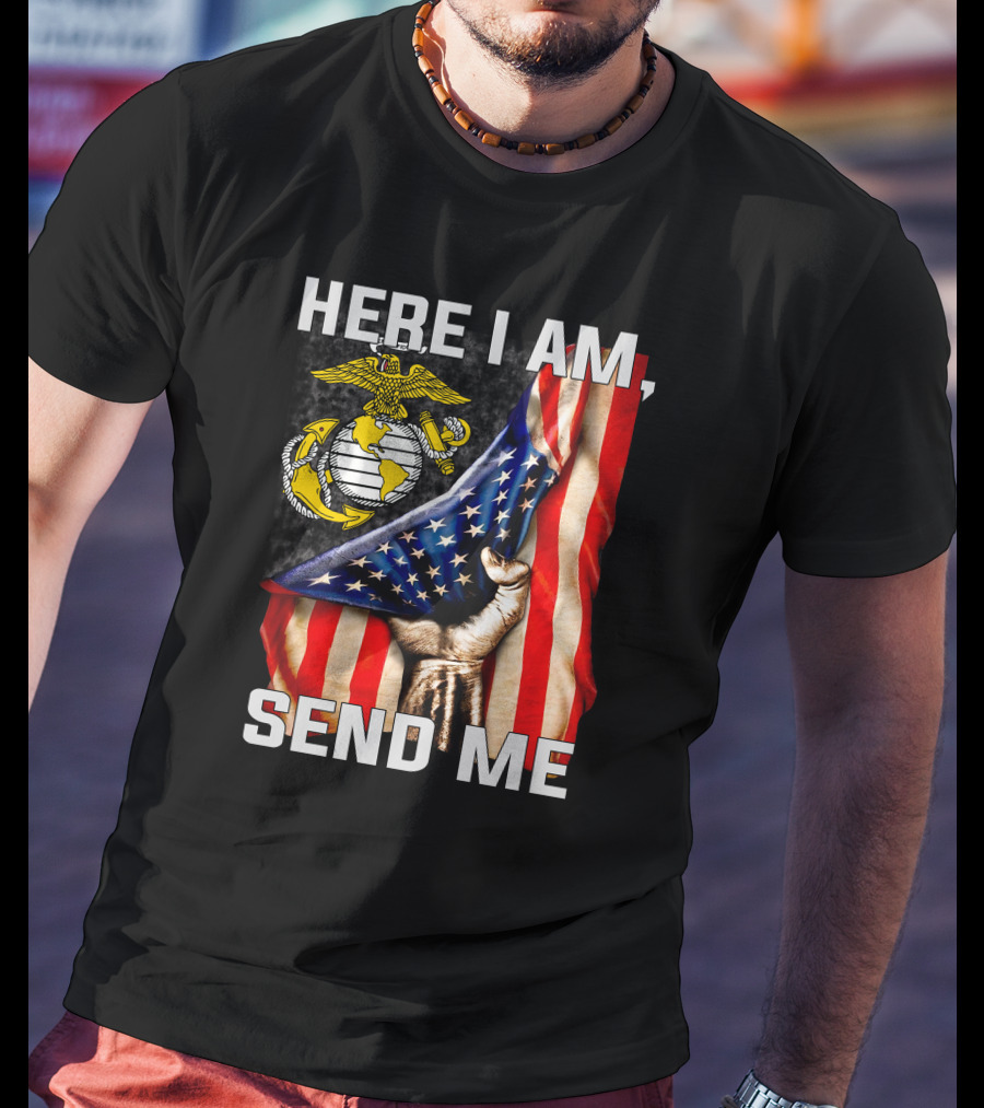 Here I Am Send Me US Marine Corps Eagle Globe Anchor American Flag T-Shirt