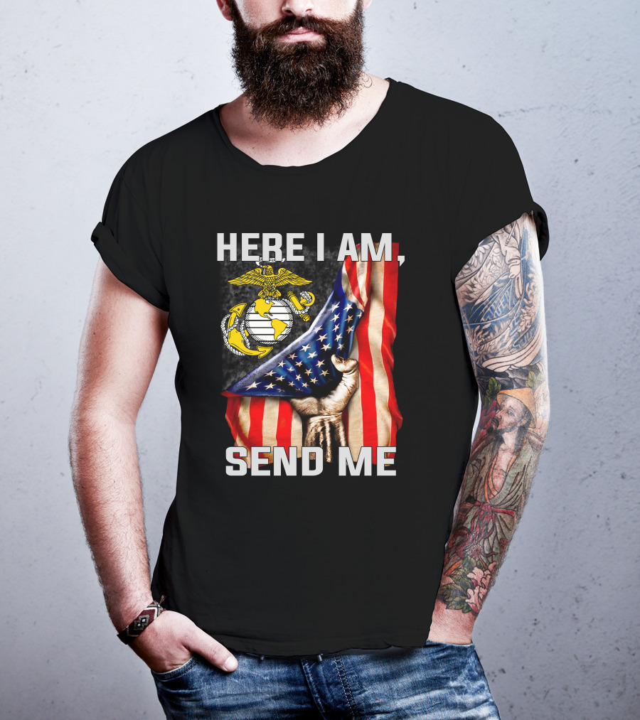 Here I Am Send Me US Marine Corps Eagle Globe Anchor American Flag T-Shirt