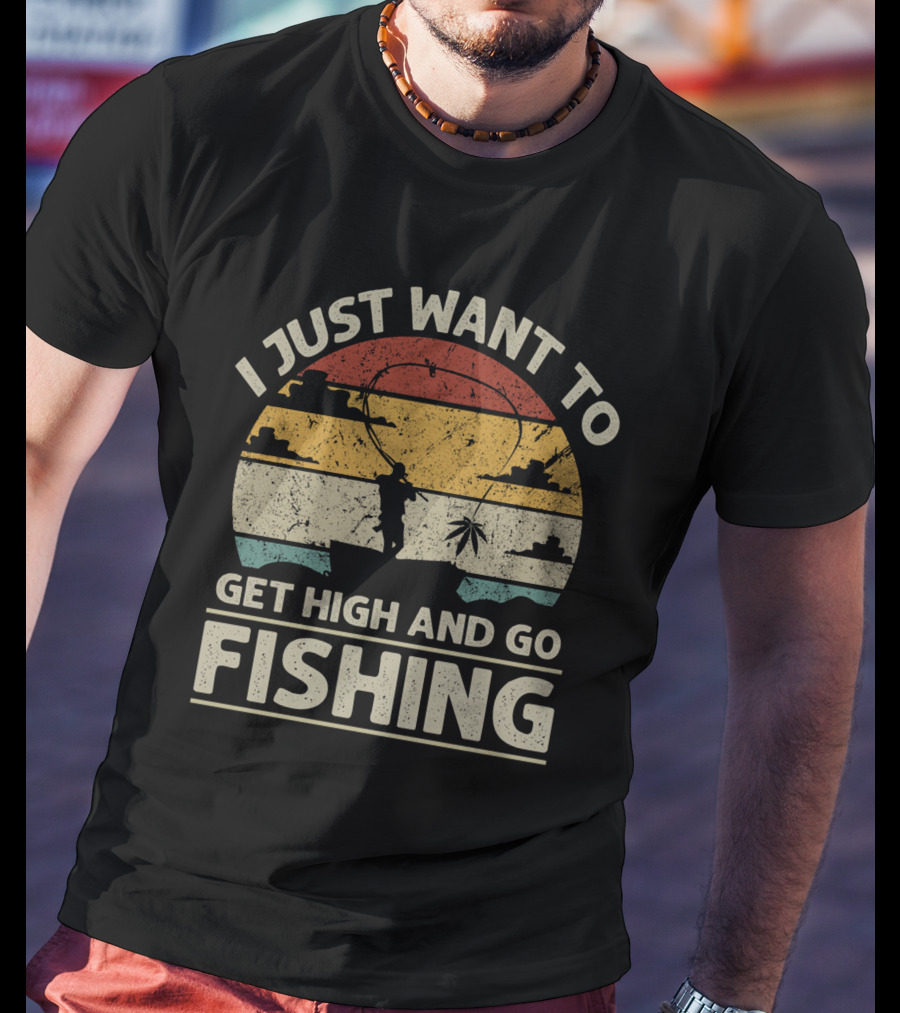 I Just Want To Get High And Go Fishing Vintage Sunset Canoe Adventure T-Shirt