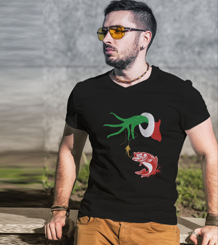 Ginch Christmas Fishing Grinch Hand With Fish Hook And Jumping Fish T-Shirt