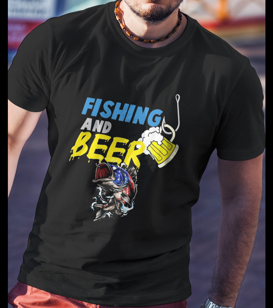 Fishing And Beer American Flag Fish Version With Mug And Hook T-Shirt