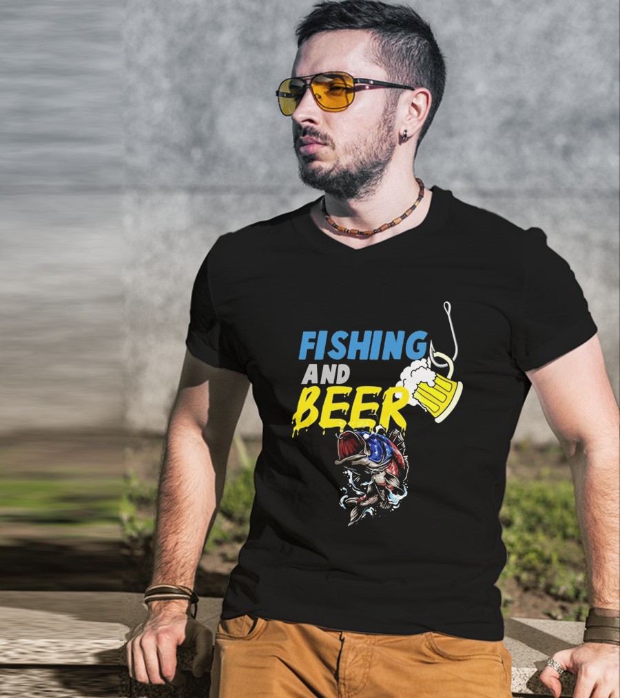Fishing And Beer American Flag Fish Version With Mug And Hook T-Shirt