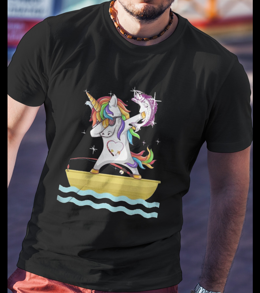 Unicorn Dabbing With Fish On Boat T-Shirt