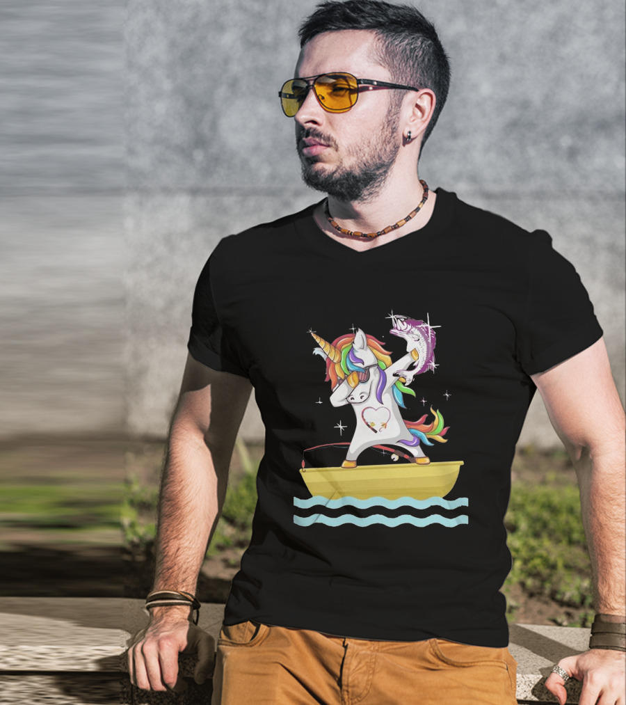 Unicorn Dabbing With Fish On Boat T-Shirt