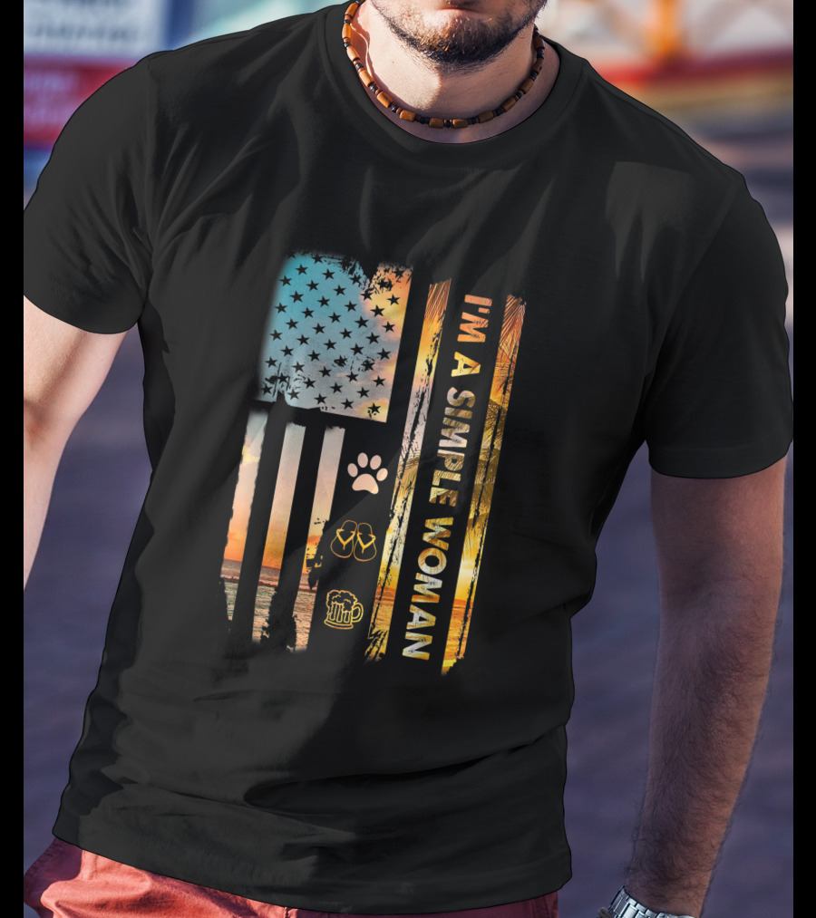 I'm A Simple Woman Loves Fishing Dog Shoes Wine American Flag Sunset Beach Paw Flip Flops Beer T-Shirt
